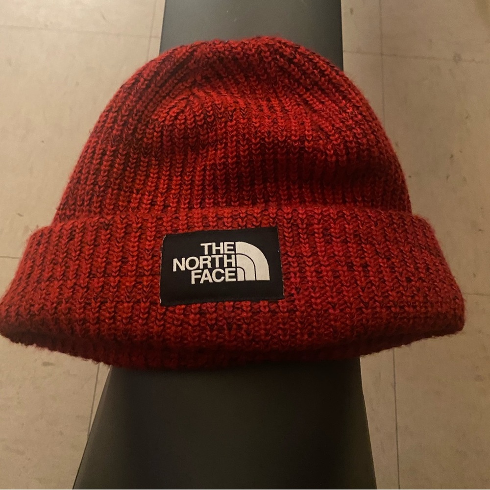 Red north face beanie hat